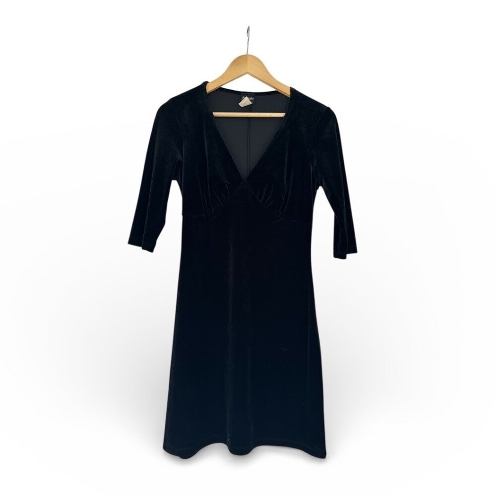 VTG Y2K 90s Black Velvet V-Neck Midi Dress S 3/4 Sleeve Whimsigoth - Picture 1 of 4